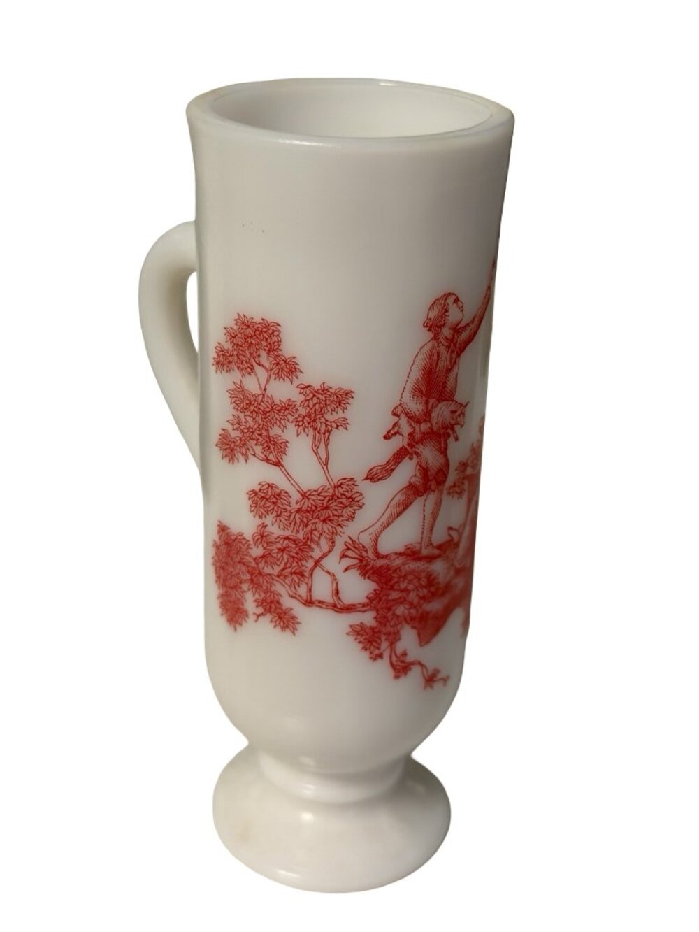 Vintage Milk Glass Pedestal Mug Red Toile Scene Colonial Couple Footed Cup